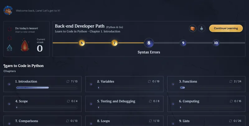 new boot.dev dashboard view